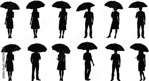 People holding umbrella silhouettes collection, men and women standing poses, rainy weather concept, black isolated figures on white background