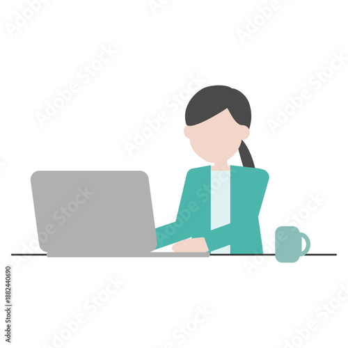 パソコンで作業する女性のシンプルなフラットイラスト