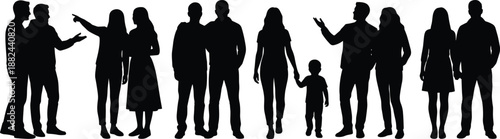 people silhouettes illustration, diverse group standing talking walking, men women family child, isolated black figures, flat vector design, white background