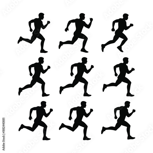 Nine black silhouettes of men running in a grid pattern runner male