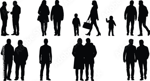 people silhouettes illustration, diverse men women children families walking talking standing, black vector figures, isolated white background, social life concept