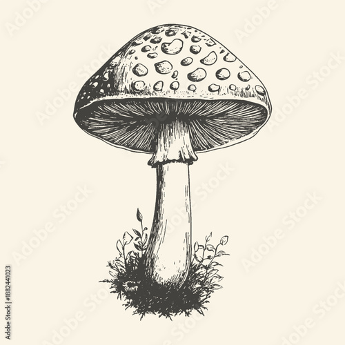 Vintage Hand Drawn Botanical Illustration of an Amanita Muscaria Mushroom, Detailed Ink Sketch of a Spotted Toadstool for Nature and Forest Theme Designs