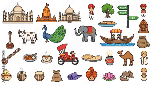 Retro 8-Bit Pixel Art Indian Landmarks and Objects Set