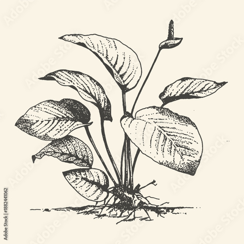 Hand Drawn Vintage Botanical Illustration of an Anthurium Houseplant with Detailed Leaves and Flower, Retro Ink Sketch for Organic Interior Design and Decor