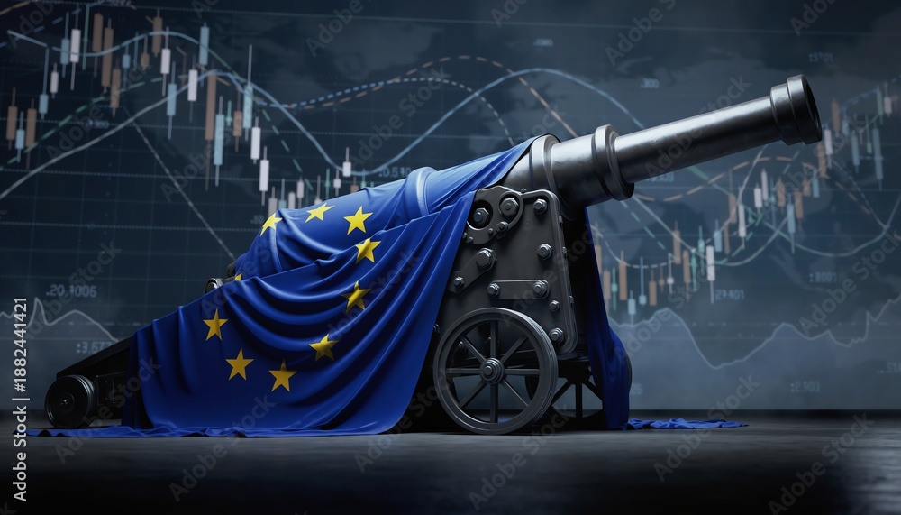 Fototapeta premium European cannon financial market crisis, dramatic concept showing economic struggles, uncertainty, and volatility in the European Union with flag symbolism and analytics.