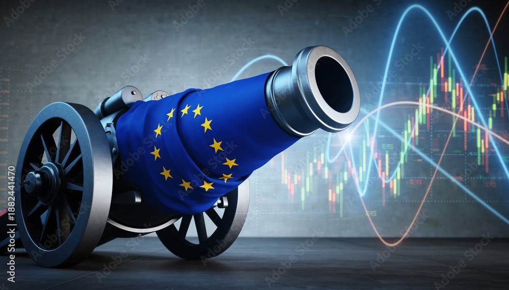 Fototapeta premium European cannon power market surge, economic conflict, financial volatility, dramatic stock chart, symbolizing forceful changes in eurozone business and geopolitical strategies.