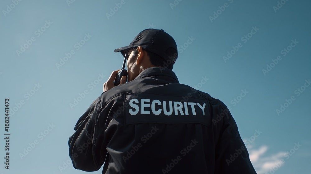 Obraz premium Security guard communicating on phone against clear blue sky
