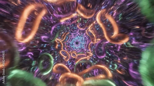 Immersive abstract glowing blue and purple neon light tunnel with dynamic flowing organic shapes creating a futuristic wormhole effect perfect for digital backgrounds and scifi concepts.