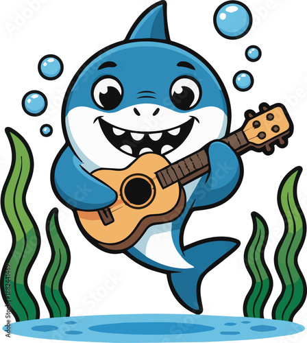 Cartoon shark enjoy with guitar flat vector icon illustration for sticker, logo, book, t-shirt design and more decorations