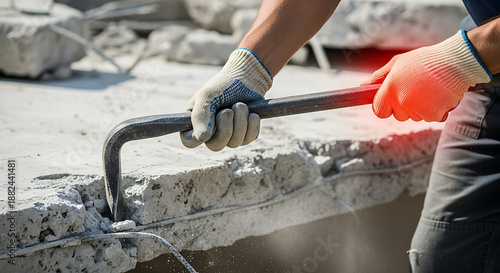 Construction worker's hand in pain using a crowbar to pry concrete. Demolition, manual labor, and workplace injury concept.