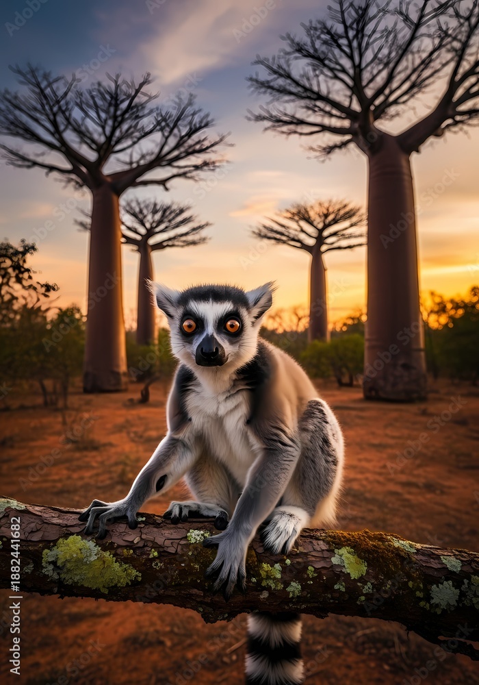 Naklejka premium Ring-Tailed Lemur with Baobab Trees at Sunset