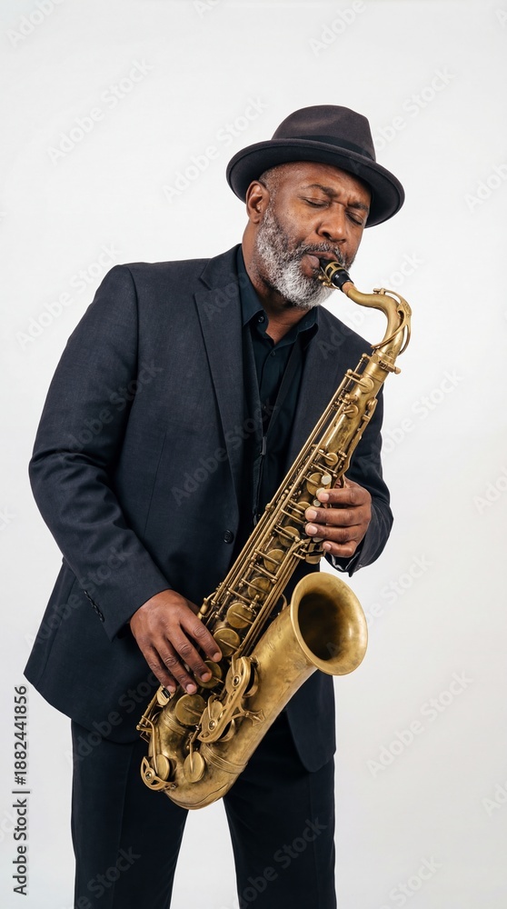 Naklejka premium Melodic Expressions: A seasoned musician is captured in a moment of pure musicality. With his eyes closed in deep concentration, he pours his soul into playing his saxophone.