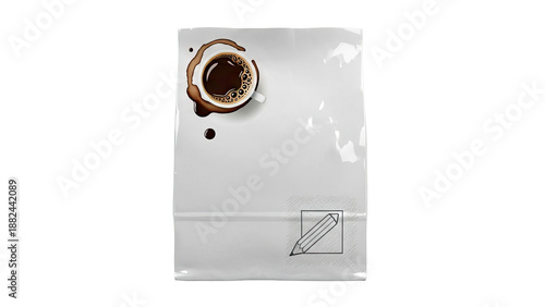 Coffee bag with spilled coffee and pencil sketch