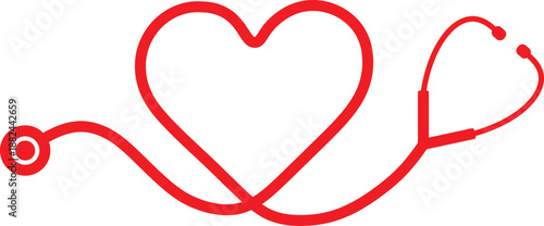 Red stethoscope forming a heart shape for medical and healthcare services