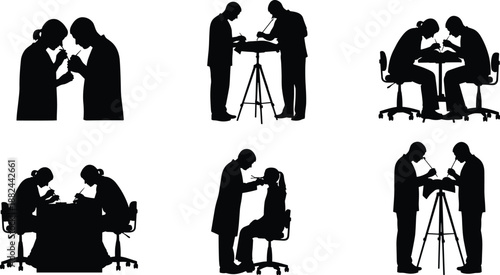 Professional forensic investigation silhouettes, crime scene analysis teamwork, scientists examining evidence, laboratory research concept, black silhouettes isolated on white background