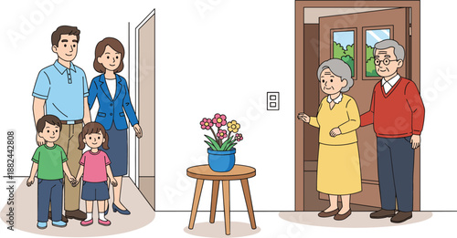 Flat design vector illustration of a young family with children visiting grandparents at their home for a heartfelt reunion