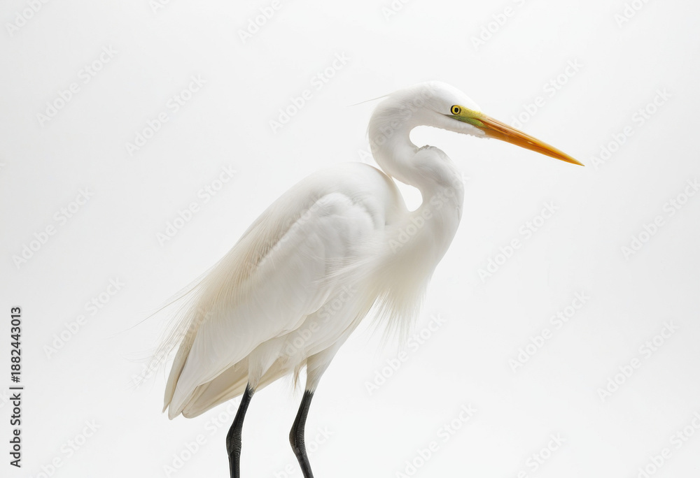 Fototapeta premium Great White Egret, Ardea alba, with graceful long legs, high-key photography, white background