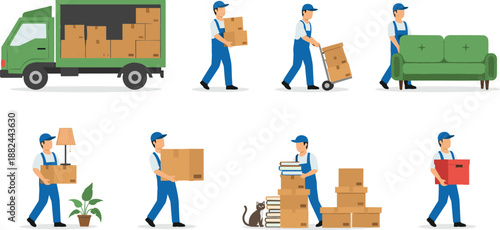 Professional moving service characters set with delivery truck movers carrying cardboard boxes furniture and home decor flat vector illustration