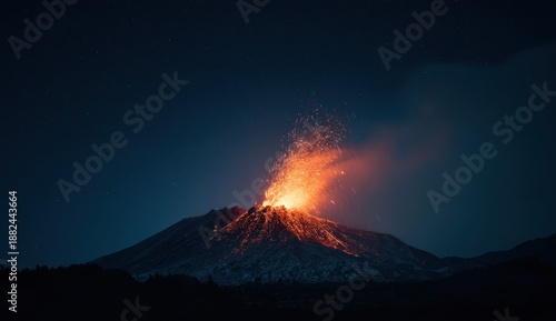 Fiery Night Volcanic Eruption - Intense Lava Glows Against Dark Sky.