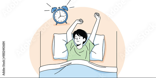Flat design vector illustration of a young man waking up in bed stretching with a ringing blue alarm clock in the background