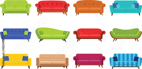 Large set of modern sofa and couch icons in various styles and vibrant colors for interior design and home furniture retail flat vector illustration