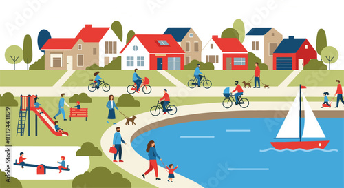 Flat design vector illustration of a vibrant suburban neighborhood community park with a lake sailboat playground and people cycling