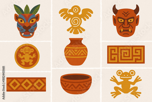 Costa Rican Indigenous Culture Icon Grid with Ancestral Symbols and Textured Vector Style