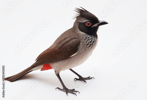 Asian bird, Red-vented Bulbul, with dark feathers and black crest, white background