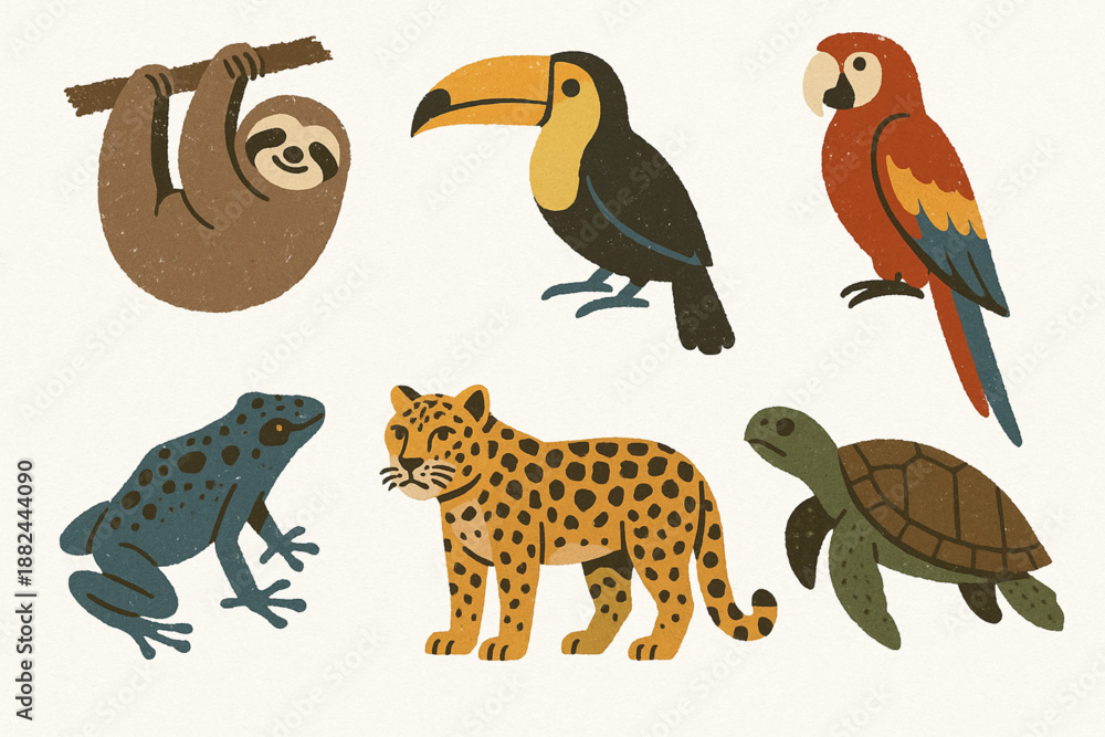 Fototapeta premium Costa Rican Wildlife Icon Grid with Tropical Animals in Textured Vector Style