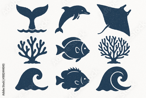Costa Rican Marine Life Icon Grid with Ocean Wildlife and Textured Vector Style