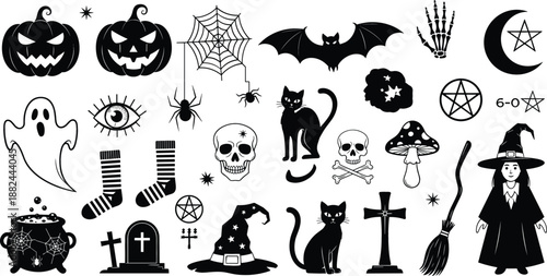 Large set of Halloween silhouettes and spooky icons featuring pumpkins ghosts witches bats cats and skulls for holiday celebration