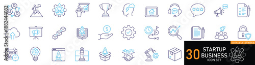 Business startup line icon set featuring minimalist innovation, growth, launch, company, idea, entrepreneur, investment, development, success, project editable vector set.