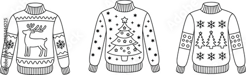 Christmas sweater line art set with reindeer, tree, and snowflake patterns, cozy winter holiday knitwear illustrations isolated on white background for coloring and design