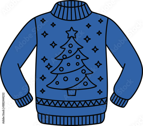 Blue Christmas sweater illustration with decorated tree and star pattern, cozy winter holiday knitwear design isolated on white background for festive apparel and graphics