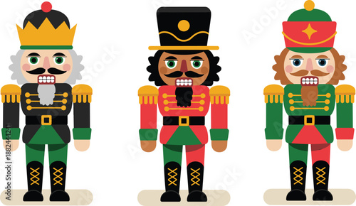 Festive Christmas nutcracker soldiers in colorful traditional uniforms with beards and hats, standing in a row as holiday decoration on white background.