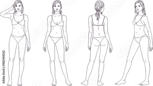 Female figure template in underwear from multiple angles, ideal for fashion design, character modeling, anatomy reference, or artistic sketching.
