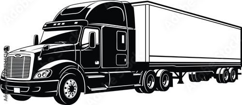 Semi truck trailer illustration, modern freight transport vehicle, logistics delivery concept, heavy duty commercial truck, black white vector isolated background