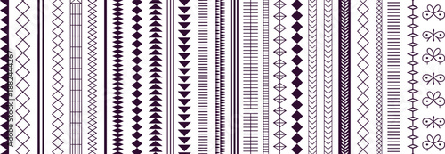 Vertical set of decorative border patterns in dark purple featuring geometric and floral motifs, ideal for textile, graphic, or ornamental design projects.