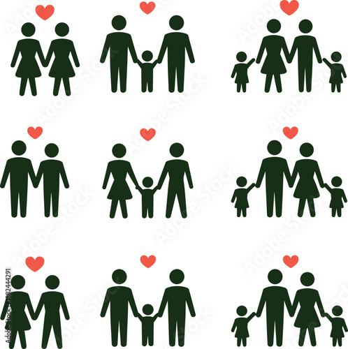 Grid of diverse family icons with red hearts, representing inclusive relationships and love across various modern family structures.