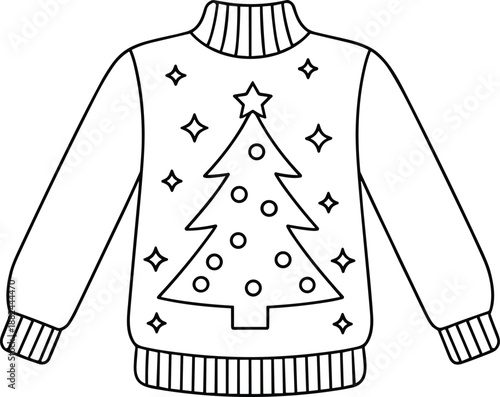 Black and white Christmas sweater illustration with festive tree and star decorations, ideal for holiday coloring pages, fashion design, or seasonal crafts.