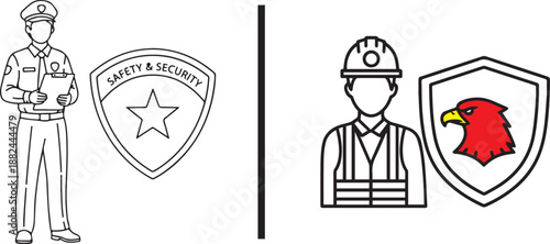 Vector illustrations of safety personnel: a security officer with a "Safety & Security" star shield and a construction worker with a red eagle crest shield. Separated by a vertical line.