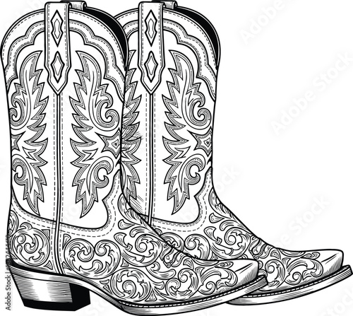 Pair of hand drawn ornamental cowboy boots with intricate floral scrollwork and detailed embroidery for western fashion and rustic style concept