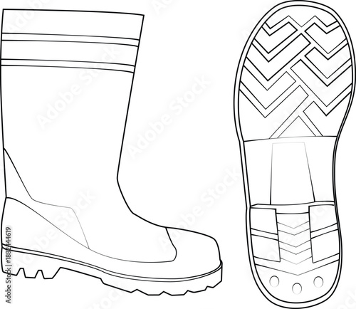 Outline set of industrial rubber boot. Side view and bottom sole tread pattern. Vector line art of protective safety footwear isolated on white background.