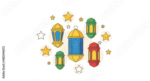 Celebratory Lanterns and Stars Illustration Representing Cultural Festivity and Joyful Atmosphere