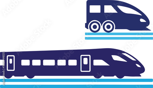 Two dark blue vector icons representing high-speed rail transport. The set includes a detailed locomotive and a side-view passenger train car traveling on blue tracks.