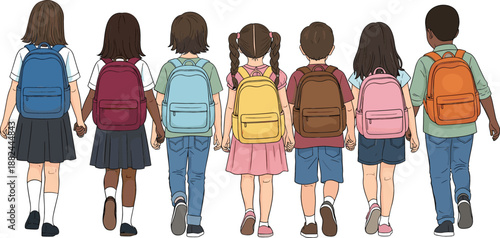 Group of diverse school children with colorful backpacks walking away back to school education and childhood friendship concept