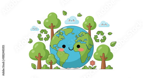 Smiling Earth surrounded by lush green trees and recycling symbols in a serene environment from a global viewpoint.