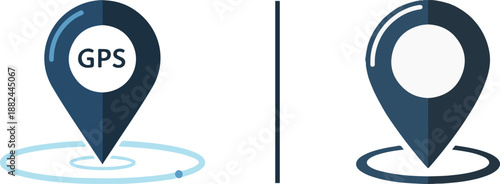 Dark blue GPS and location pin icons. The left pin includes "GPS" text above light blue concentric rings; the right is a solid silhouette above a dark circular base.