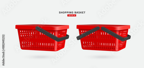 Two red shopping baskets with black handles, used in supermarkets or department stores, are shown flying in air from two different angles against an isolated white background, vector 3d for design