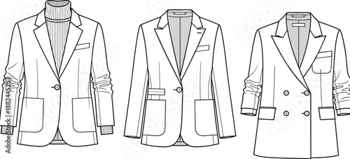 women blazer coat collection technical fashion illustration, multiple styles front view, tailored jackets designs, flat vector outline, apparel template, diagram